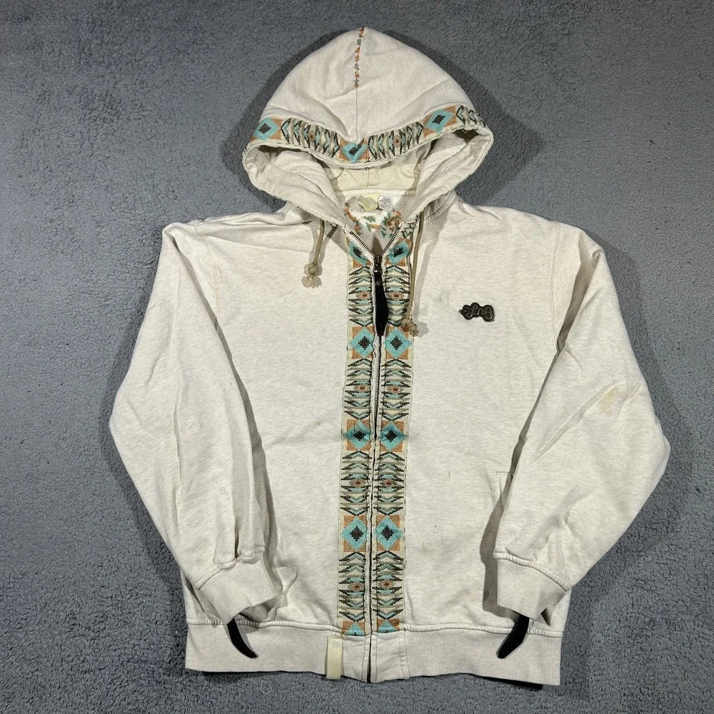 LRG Men's Cream Full Zip Hoodie Aztec Southwestern 90s Vintage Mens Medium #3328